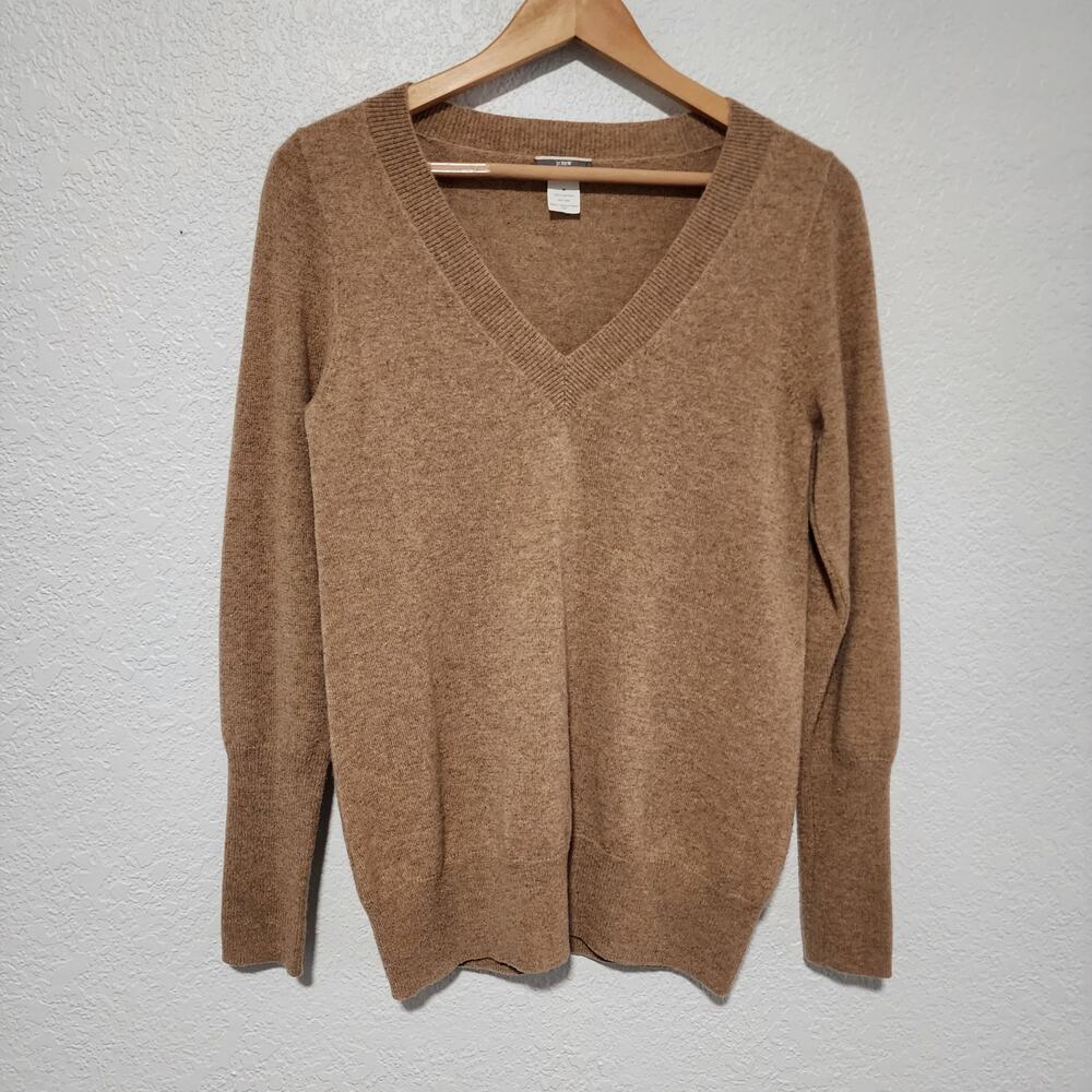 J Crew 100% Cashmere V Neck Pullover Sweater Women Camel Tan Medium Quite Luxury